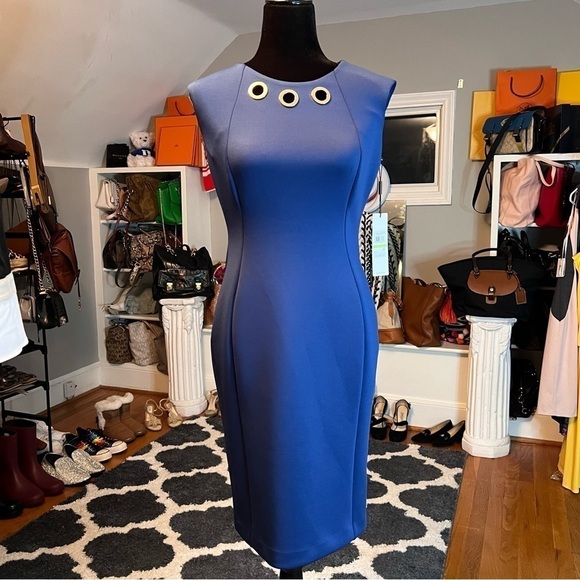 CALVIN KLEIN Size 4 Blue Grommet Neck Sleeveless Scuba Dress NWT - Picture 7 of 9
